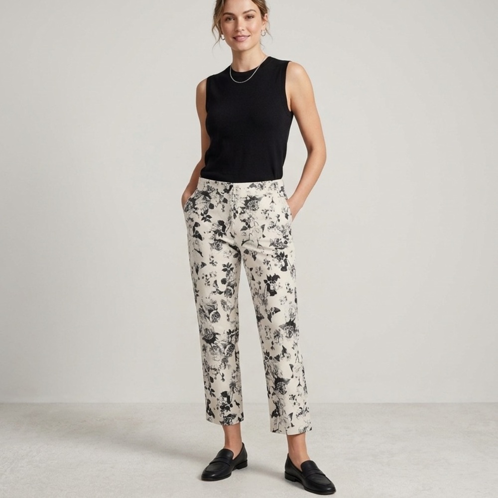 Lord & Taylor 424 Fifth Floral Pants Size 4 Black White Ankle Slim Trousers